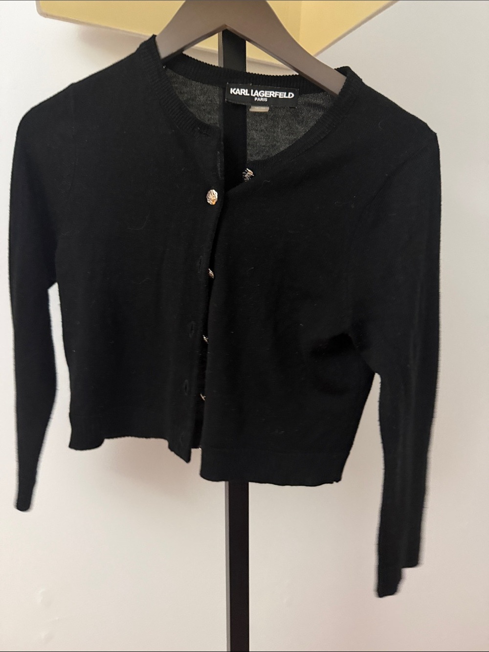 KARL LAGERFELD Black Cropped Knit Cardigan with Gold Buttons